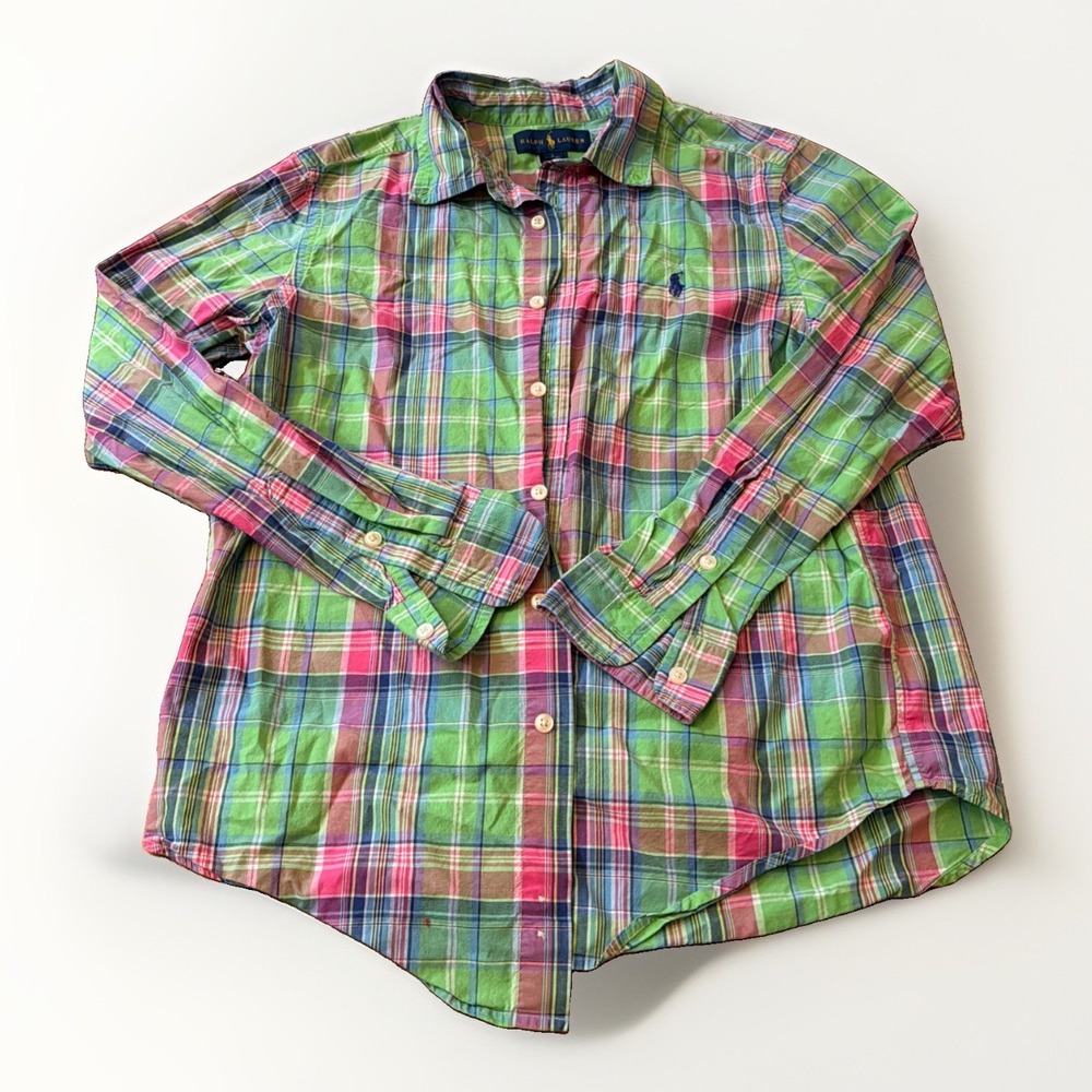 Ralph Lauren Youth Boys L 14-16 Green Pink Buttondown Blue Pony